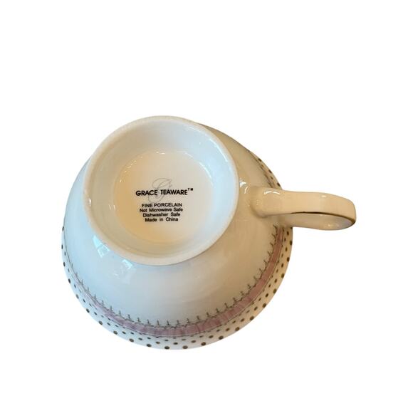 NEW Grace Teaware Porcelain Pink Stripe Gold Dots Teacup & Saucer Set of 2 - Picture 12 of 15